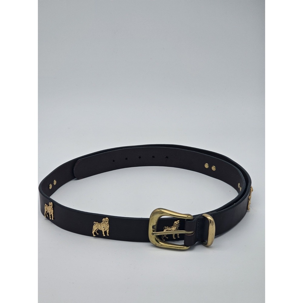 Black Leather Belt with Gold Bulldog Motif and Brass Buckle